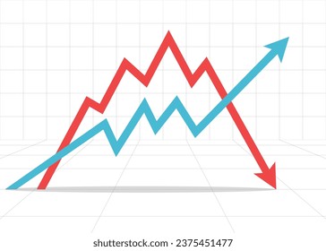 flecha azul hacia arriba y flecha roja apuntando hacia el concepto de mercado de valores beneficio y pérdida de negocios financieros