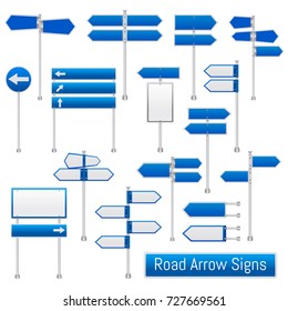 Blue arrow road signs signals realistic traffic regulation  roadsigns collection indicating direction for drivers isolated vector illustration  