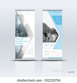 Blue arrow roll up banner design brochure flyer vertical template, vector x-banner and street business flag-banner, cover presentation abstract geometric background vertical layout
