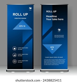 Blue arrow Roll up banner vertical template design, for brochure, business, flyer, infographics. modern x-banner and flag-banner advertising. vector illustration