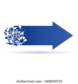 Blue arrow shatters with shadow on white background