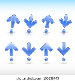 Blue arrow sign in form of exclamation mark. Glossy and satined shapes with reflection on white background. Vector illustration saved in 10 eps.