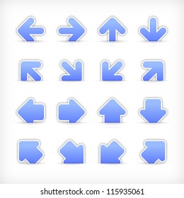 Blue arrow sign sticker on cut paper pocket . Web internet button clean satin shapes with gray drop shadow on white background. Vector illustration design element saved 10 eps