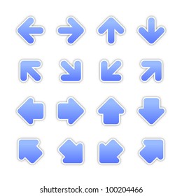 Blue arrow sign sticker web button. Vector saved in EPS 10. Blank color satin shapes with gray drop shadow on white background.