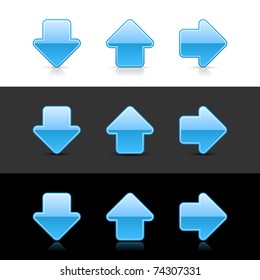 Blue arrow sign web 2.0 buttons with shadow and reflection on white, gray and black