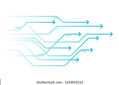 Velocidad de flecha azul, abstracto de comunicación sobre fondo blanco, concepto de negocio.