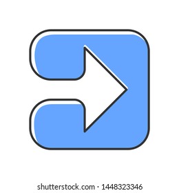 Blue arrow in square color icon. Play button. Forward indicator, right turn. Pointer symbol. Arrowhead indicating rightward. Next, forward arrow. Navigation cursor. Isolated vector illustration