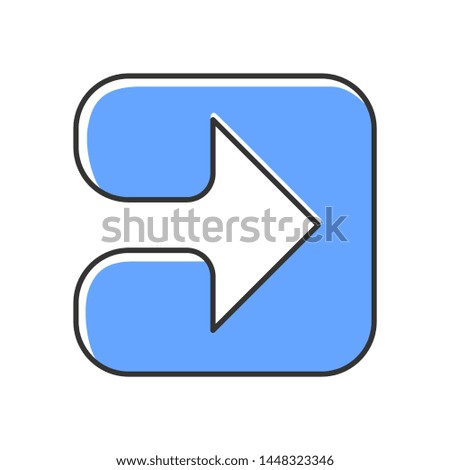 Blue arrow in square color icon. Play button. Forward indicator, right turn. Pointer symbol. Arrowhead indicating rightward. Next, forward arrow. Navigation cursor. Isolated vector illustration