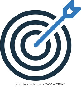A blue arrow strikes the center of a black and white target. This represents hitting the bullseye, achieving goals, and focusing on success in business and life.