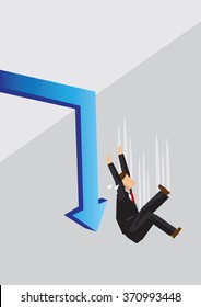 Blue arrow turns down sharply and businessman fall over the edge. Creative cartoon vector illustration on economy crisis concept.