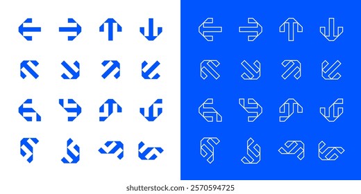 Blue Arrow Vector Set. Modern Arrows in Different Directions. Left, Right, Up, Down Flat Arrow Buttons. Set of Outlined and Filled Icons for Web and Mobile Design on Isolated White Background. 