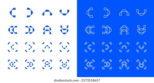 Blue Arrow Vector Set. Modern Arrows in Different Directions. Left, Right, Up, Down Flat Arrow Buttons. Set of Outlined and Filled Chevron Design Icons for Web and Mobile on Isolated White Background