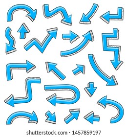 Blue arrows. Bent hand drawn sketch. Vector illustration isolated on white background
