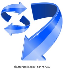 Blue arrows. Bent shiny icons. Vector 3d illustration isolated on white background
