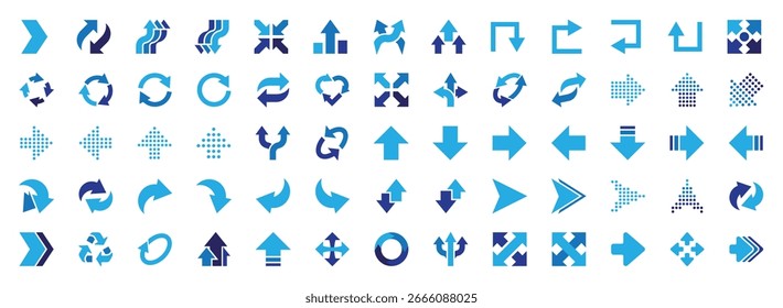 Blue arrows big icons collection. Arrow symbol. Direction, cursor, pointer sign. Decorative arrows. Modern design elements for apps, interface, business and project. Flat design. Vector illustration.