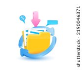 Blue arrows circling around folder document yellow isolated on white background. Digital file organization service or app. Data transferring concept. Icon 3D Vector EPS10 illustration.