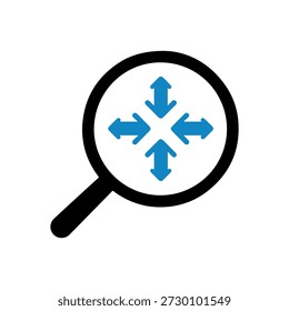 Blue arrows converge under a magnifying glass in a minimalist illustration with bold lines and contrasting colors