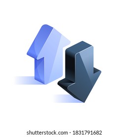 Blue arrows up and down icon in isometric view. Growth and decline graph chart. Data analysis, financial statistics. Vector illustration for visualization of business presentation, reports concept