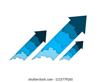 Blue arrows, growing up infographic concept. Paper art, vector illustration isolated on white