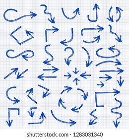 Blue arrows. Hand drawn with marker pen on lined paper background. Vector illustration