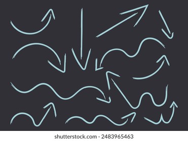 Flechas azules icono hoja de trazados hechos con pincel sobre fondo negro