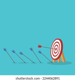 Blue arrows missed hitting target and only red one hits the center. Business challenge failure and success concept.