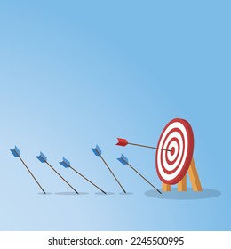 Blue arrows missed hitting target and only red one hits the center. Business challenge failure and success concept.