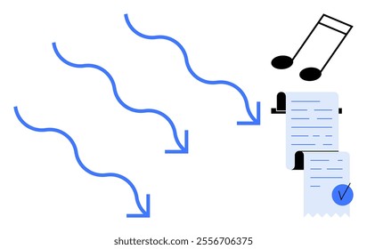 Blue arrows and musical notes with a checked document. Ideal for project management, creative process, documentation workflow, music production, task completion. Modern, minimalist, clean