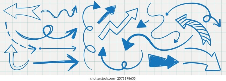 Blue arrows on grid paper. Various blue arrows in different directions. Curved, straight, and zigzag blue arrows. Blue arrows on a grid background. Hand drawn doodles element set. Vectors.