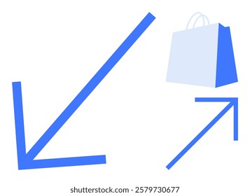 Blue arrows point in opposite directions next to a shopping bag with the . Ideal for business presentations online shopping advertising consumer behavior educational materials minimalist