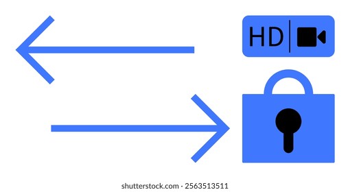 Blue arrows pointing in opposite directions, a padlock, and an HD video camera symbol. Ideal for streaming security, data transfer, online privacy, encryption, and video quality. Simple flat style