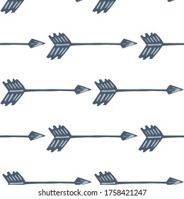 Blue arrows seamless pattern on white background. Doodle style. Tribal wallpaper. Decorative backdrop for fabric design, textile print, wrapping. Vector illustration
