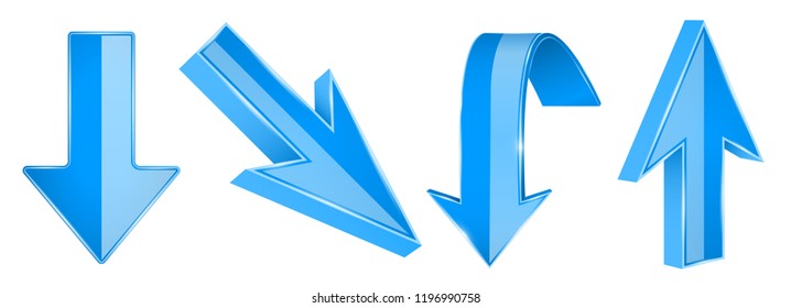 Blue arrows set. 3d UP and DOWN web icons. Vector illustration isolated on white background