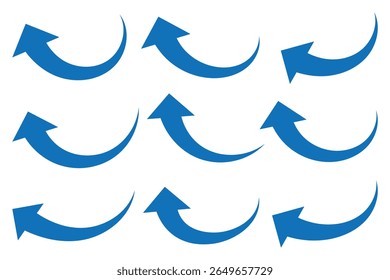 Blauwe pijlen ingesteld. Gebogen pijlen. Blauwe pijltjestoets instellen geïsoleerd op witte achtergrond. Richtingssymbool. Pijlsymbool omhoog voor app, UI, web. Vectorillustratie 