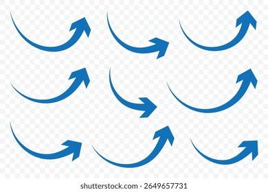 Blauwe pijlen ingesteld. Gebogen pijlen. Blauwe pijltjestoets instellen geïsoleerd op witte achtergrond. Richtingssymbool. Pijlsymbool omhoog voor app, UI, web. Vectorillustratie 