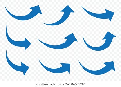 Blue arrows set. Curved arrows. Blue curve arrow icon set isolated on white background. Direction symbol. Arrow symbol upward for app, UI, web. Vector illustration 