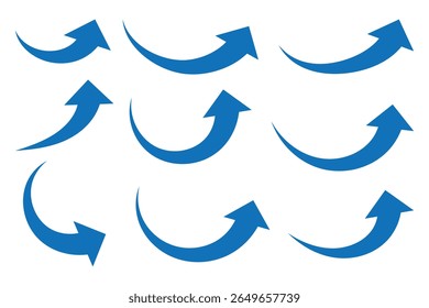 Blauwe pijlen ingesteld. Gebogen pijlen. Blauwe pijltjestoets instellen geïsoleerd op witte achtergrond. Richtingssymbool. Pijlsymbool omhoog voor app, UI, web. Vectorillustratie 