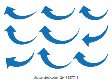 Blauwe pijlen ingesteld. Gebogen pijlen. Blauwe pijltjestoets instellen geïsoleerd op witte achtergrond. Richtingssymbool. Pijlsymbool omhoog voor app, UI, web. Vectorillustratie 