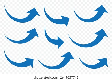 Blue arrows set. Curved arrows. Blue curve arrow icon set isolated on white background. Direction symbol. Arrow symbol upward for app, UI, web. Vector illustration 