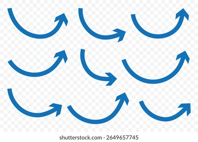 Blauwe pijlen ingesteld. Gebogen pijlen. Blauwe pijltjestoets instellen geïsoleerd op witte achtergrond. Richtingssymbool. Pijlsymbool omhoog voor app, UI, web. Vectorillustratie 
