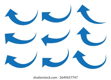 Blauwe pijlen ingesteld. Gebogen pijlen. Blauwe pijltjestoets instellen geïsoleerd op witte achtergrond. Richtingssymbool. Pijlsymbool omhoog voor app, UI, web. Vectorillustratie 