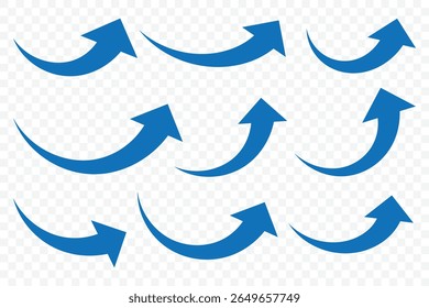 Blauwe pijlen ingesteld. Gebogen pijlen. Blauwe pijltjestoets instellen geïsoleerd op witte achtergrond. Richtingssymbool. Pijlsymbool omhoog voor app, UI, web. Vectorillustratie 