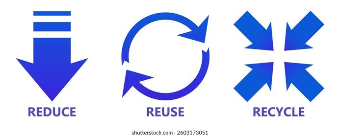 Blue arrows set icon. Reduce, recycle, reuse. Bold symbols with direction and motion emphasize progress, update and recycling concept.