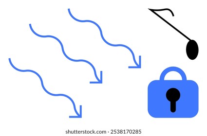 Las flechas azules que sugieren movimiento o dirección fluyen hacia un candado azul, resaltando temas de seguridad. Ideal para conceptos como seguridad, dirección, cifrado, protección de datos, seguridad en Internet