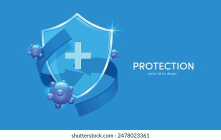 Blue arrows swirl around a silver-rimmed glass shield to protect against germs or viruses, vector 3d isolated on blue background for Advertisements about medical or disinfectant products