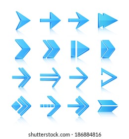 Blue arrows symbols pictograms icons, set isolated vector illustration