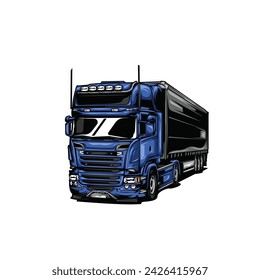 blue art 3d big power truck head lorry design container semi box trailer cargo auto road man logo icon symbol sign technology graphic realistic vector isolated white background