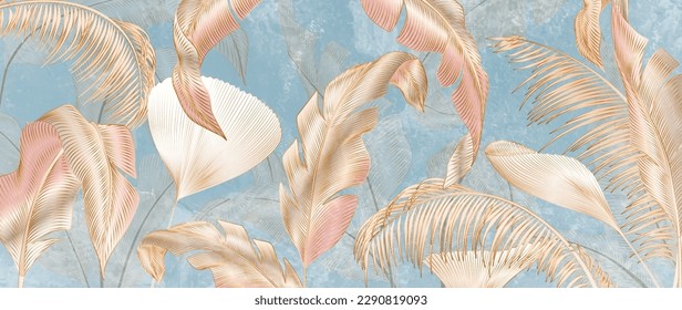 Blue art background in a watercolor style with tropical palm leaves with golden art line elements. Banner with exotic plants for wallpaper design, packaging, print, textile, interior design.