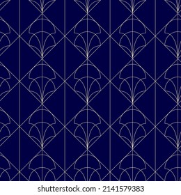 Blue art deco seamless pattern. Abstract botanical print. Geometric rhombus shape. Editable stroke. Vector stock illustration