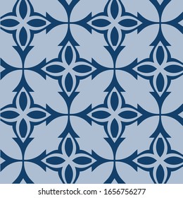 blue art objects and shapes are arranged in a certain order on a gray background. monochrome seamless pattern. vector